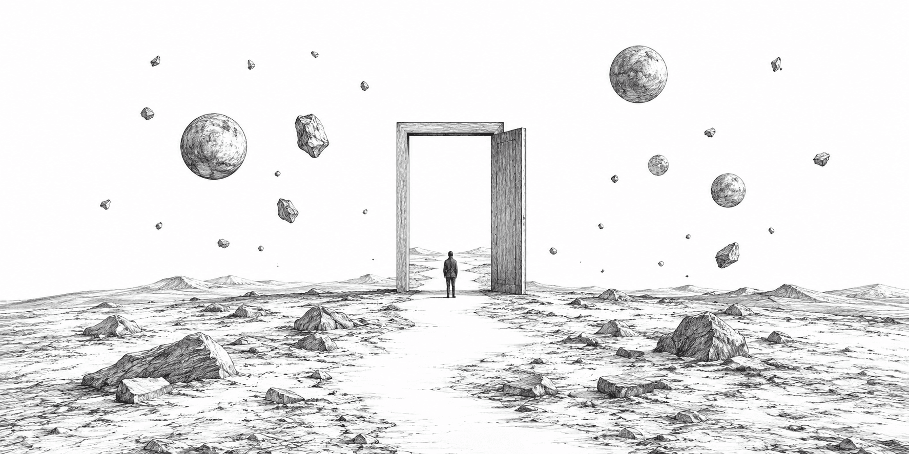 Illustration of a person walking through a doorway into an open landscape.