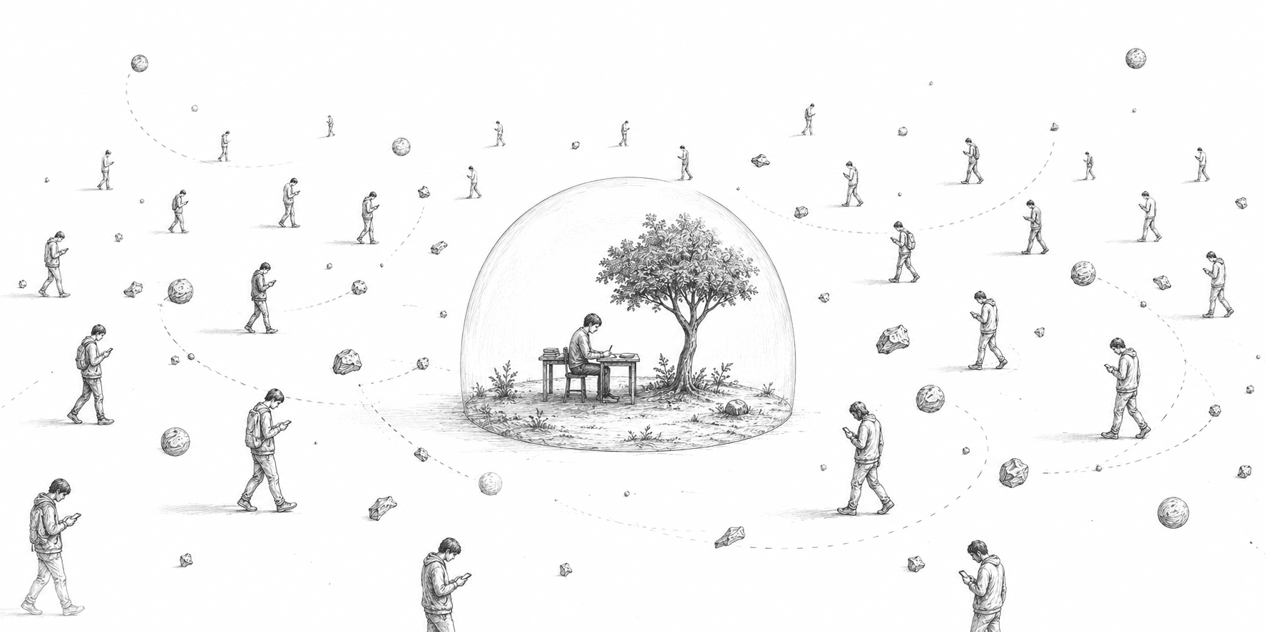 Illustration of a person working peacefully under a glass dome while distracted people walk outside.