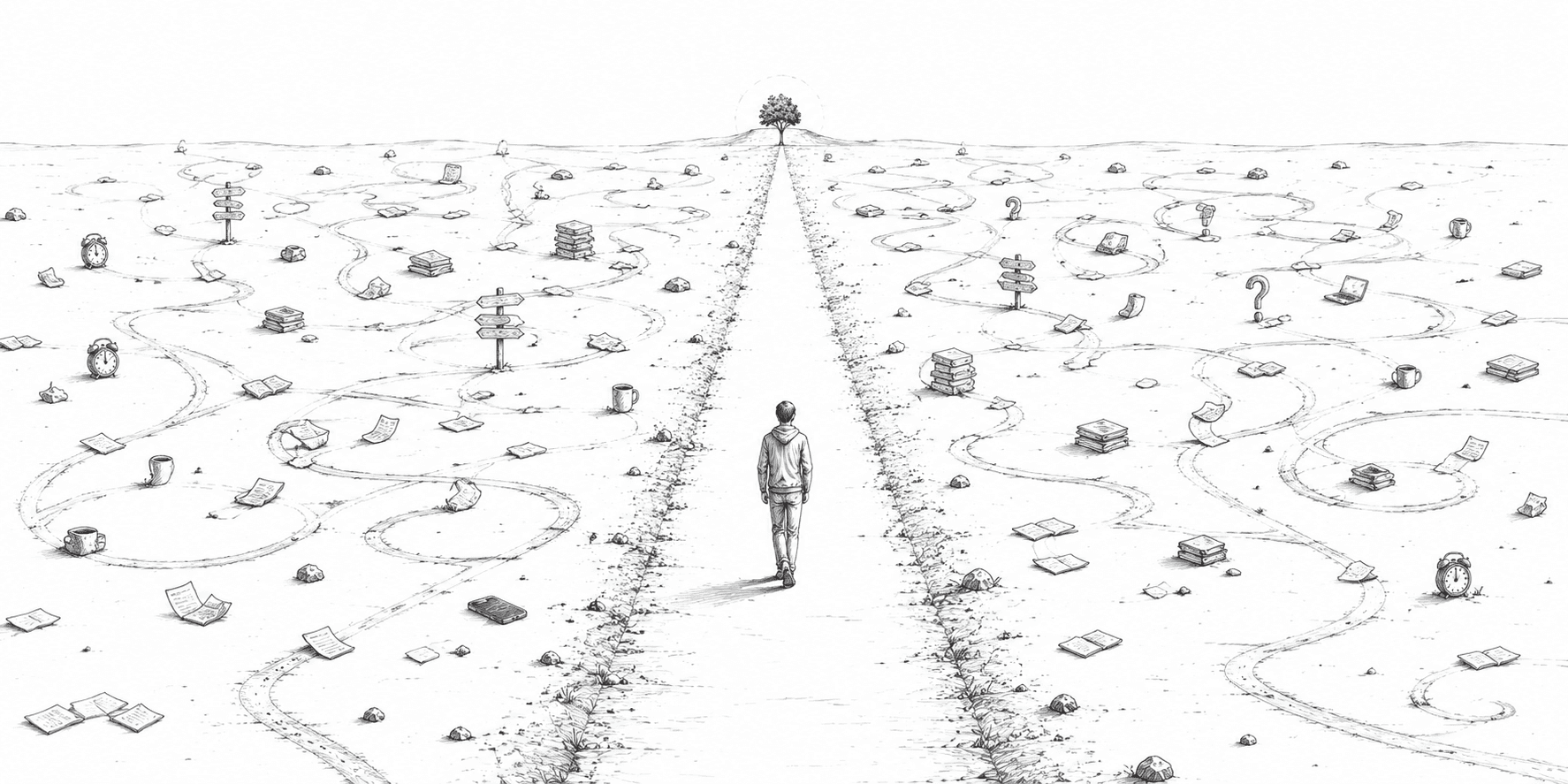 Illustration of a person walking a clear, narrow path through scattered tasks toward a tree on the horizon.